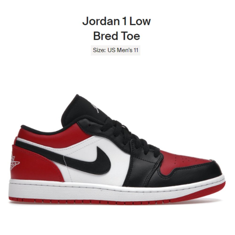 SIZE 11 - Nike Air Jordan 1 Low Bred Toe - 553558-612 - AUTHENTIC NEW!!
